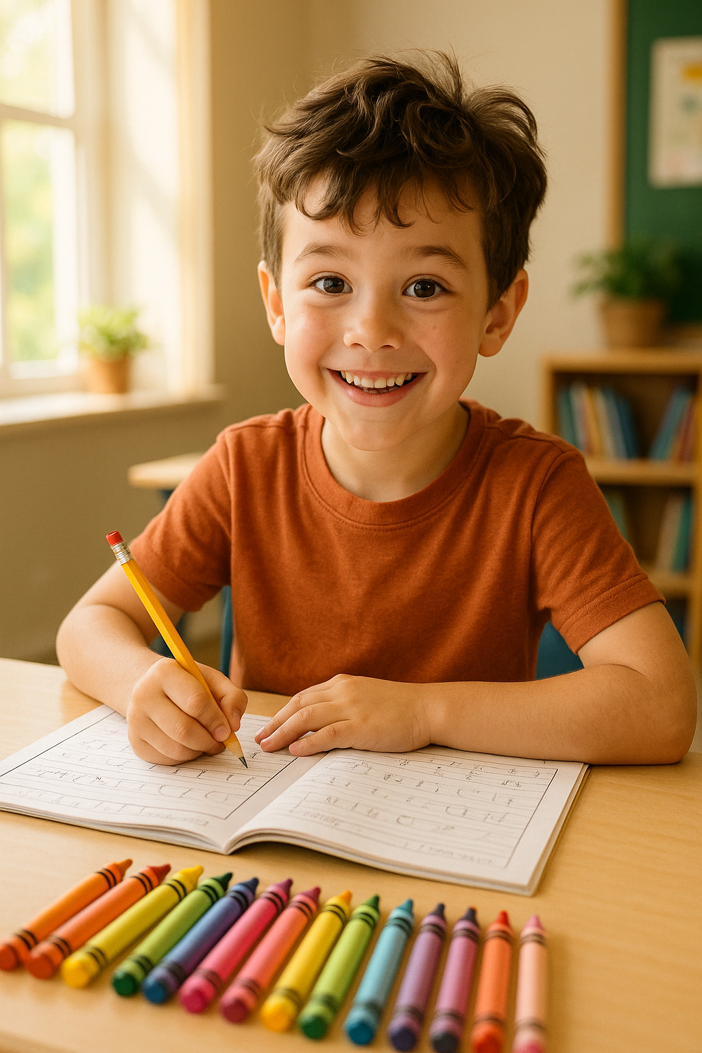 Happy student enjoying learning with colorful school supplies